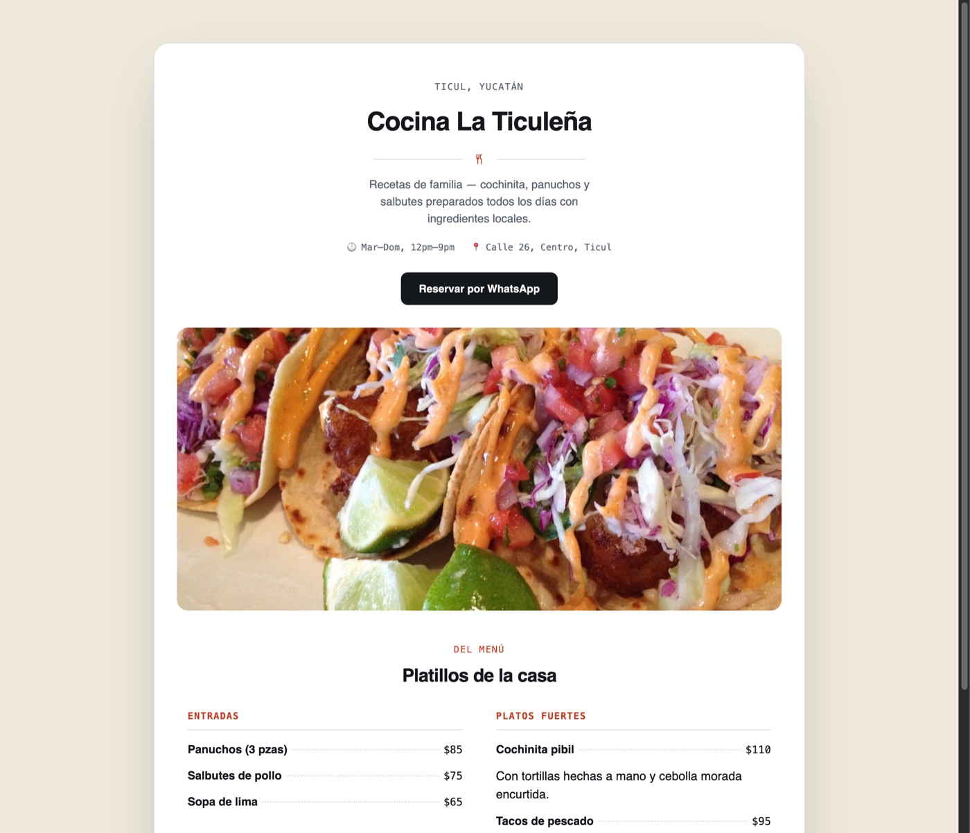 Vista de ejemplo: menú de un restaurante con platillos y precios