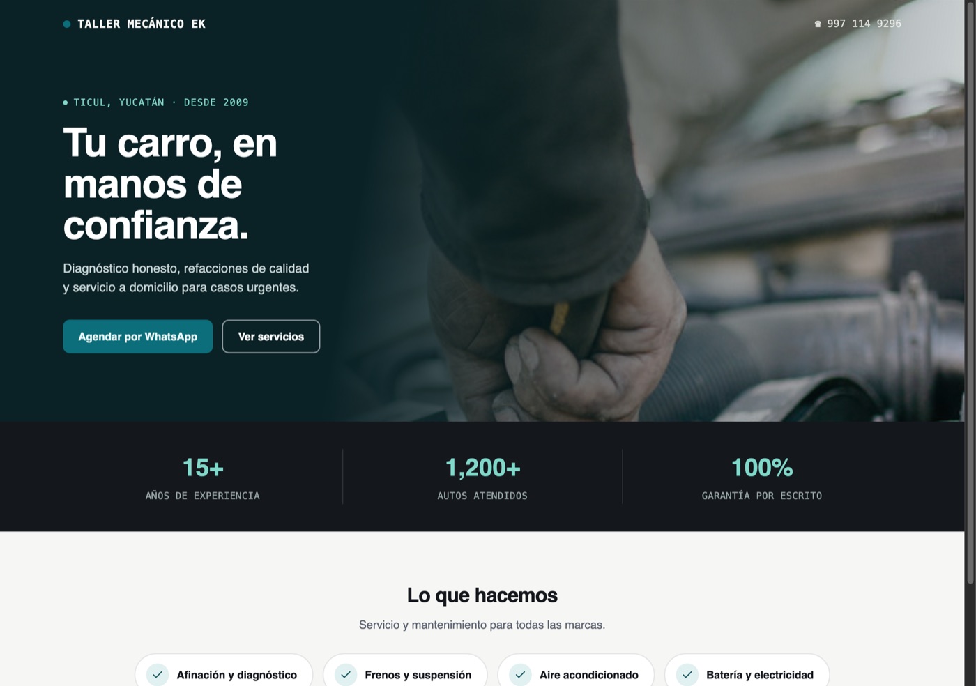 Vista de ejemplo: homepage de un taller mecánico con lista de servicios